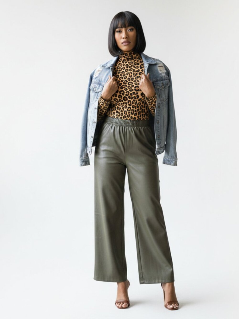 Olive Green Faux Leather Wide-Leg Pants | High-Waisted Relaxed Fit